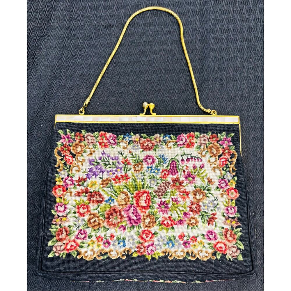 Black Floral Petit Point Tapestry Purse Bag Red Purple Pink Red Blue Vtg 50s 60s